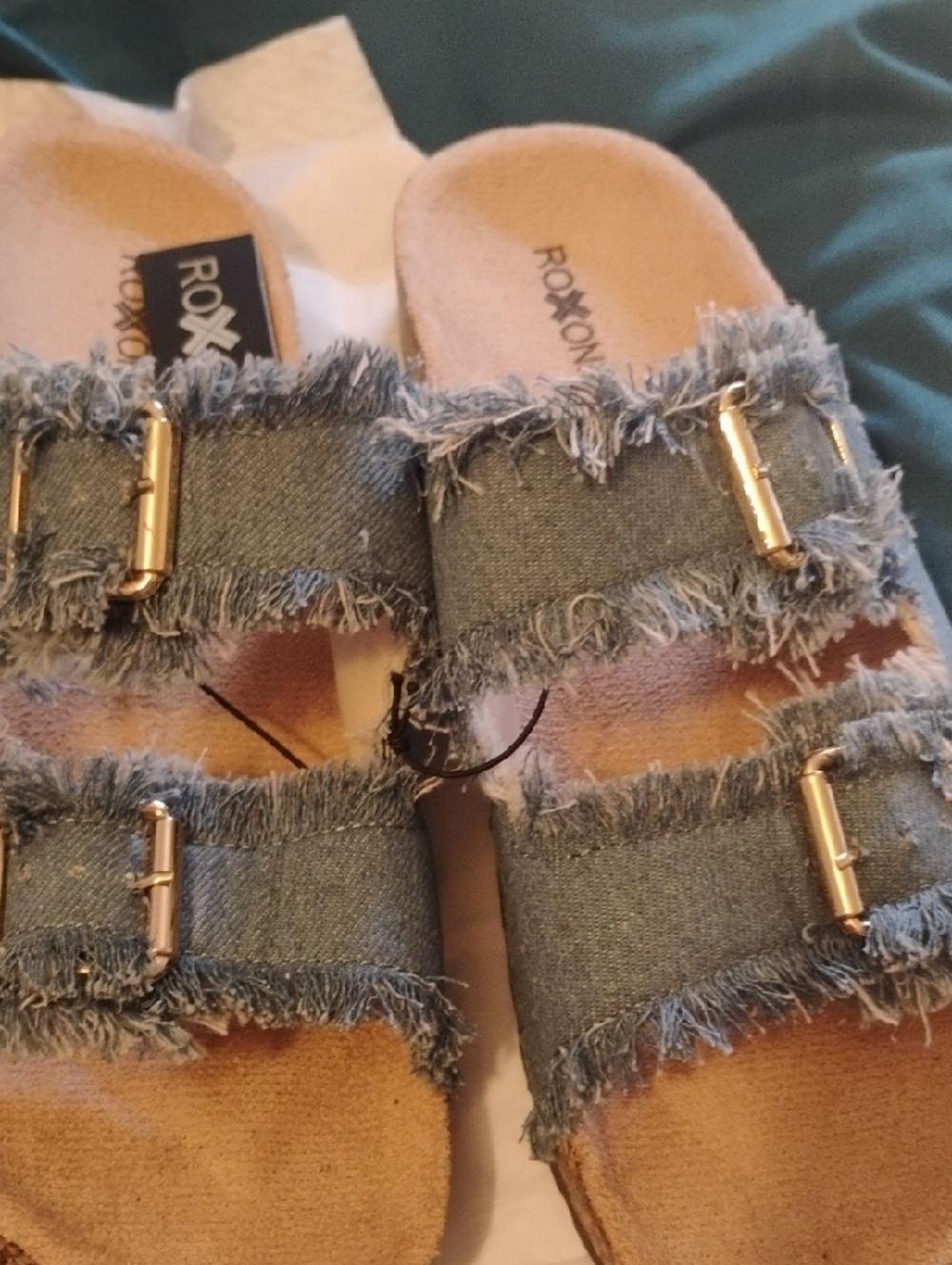 ROXON Denim Fringed Slide Sandals in Light Blue